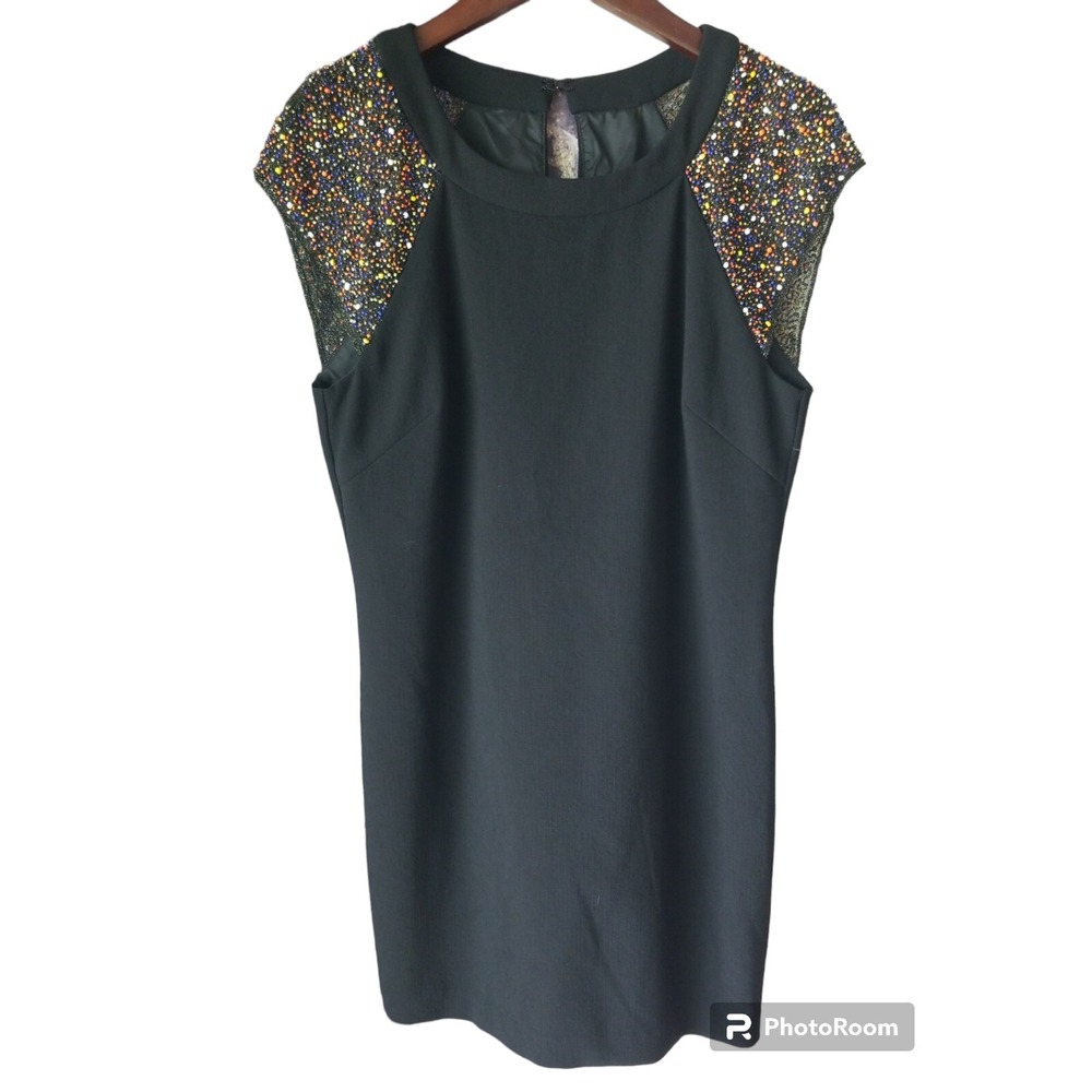 Trina Turk Nettle Black Beaded Cap Sleeve Above Knee Sheath Dress Size 8
